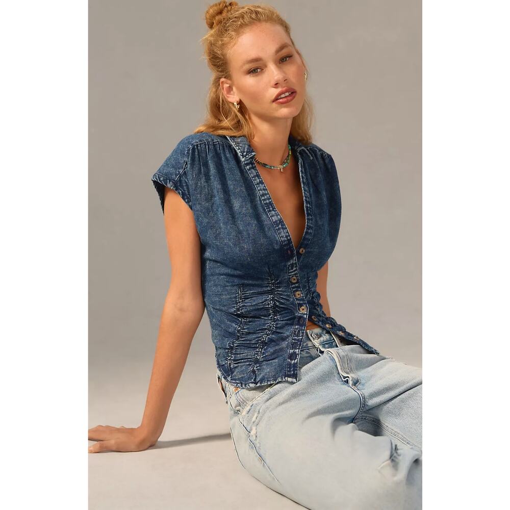 Anthropologie Pilcro Ruched Denim Short Sleeve Blouse Women's Size Small